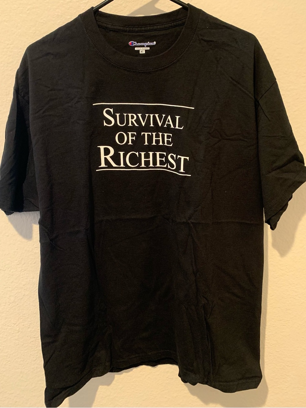 Champion Black Short-Sleeve Tee with 'Survival of the Richest' Print NWOT
